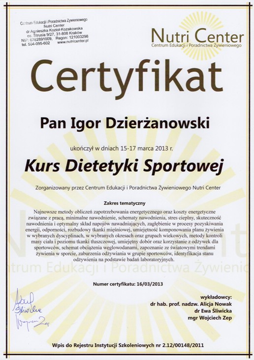 Certyfikat z dietetyki sportowej